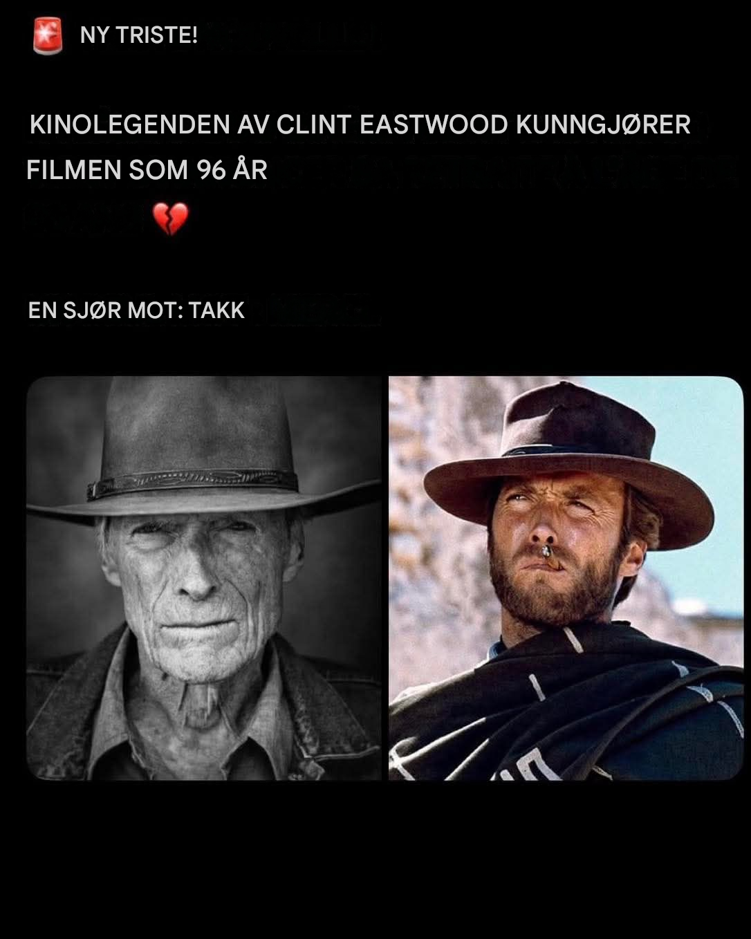 Clint Eastwood, den legendariske skuespilleren, annonserer at han pensjonerer seg i en alder av 96 år. Ett ord: Takk.